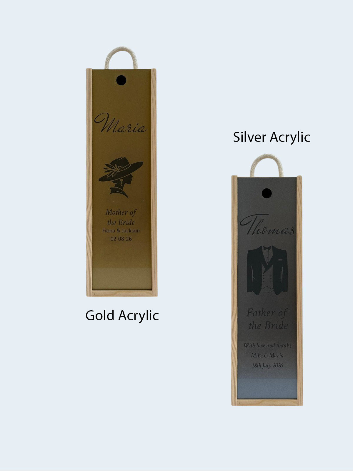 Wedding Gift and Favour - Personalise - Bespoke Bottle Box - Choose from 14 Designs - 6 Colours - Wood and Acrylic