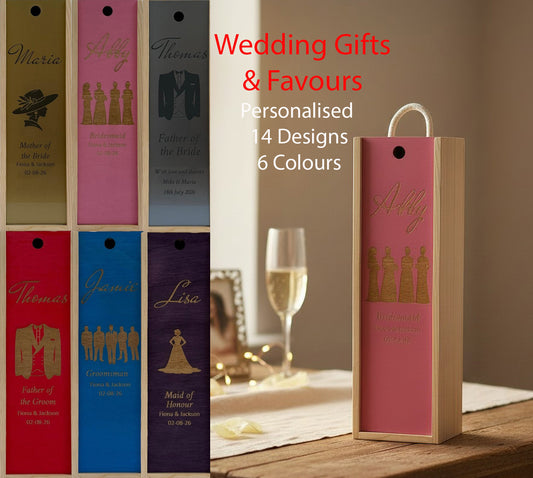 Wedding Gift and Favour - Personalise - Bespoke Bottle Box - Choose from 14 Designs - 6 Colours - Wood and Acrylic