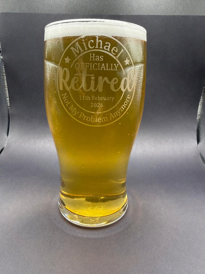 Personalised - Engraved Retirement Pint Glass - Presentation Box
