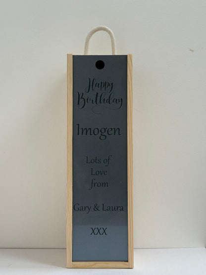 Happy Birthday - Personalise - Bespoke Bottle Box - Choose from 10 Designs - 6 Colours - Wood and Acrylic