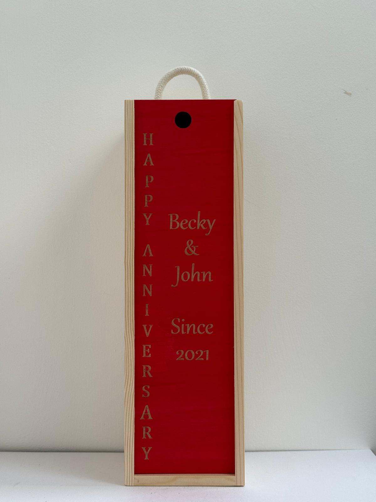 Anniversary - Personalise - Bespoke Bottle Box - Choose from 10 Designs - 6 Colours - Wood and Acrylic
