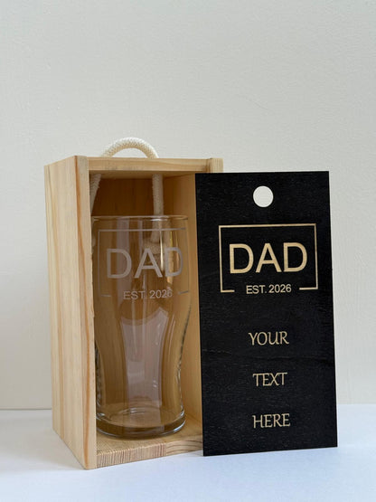 Fathers Day - DAD EST - Engraved Pint Glass - Presentation Box