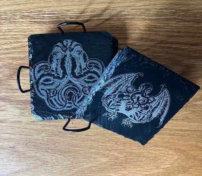 Set of 4 with Stand - Cthulhu inspired Slate coasters - 100mm x 100mm