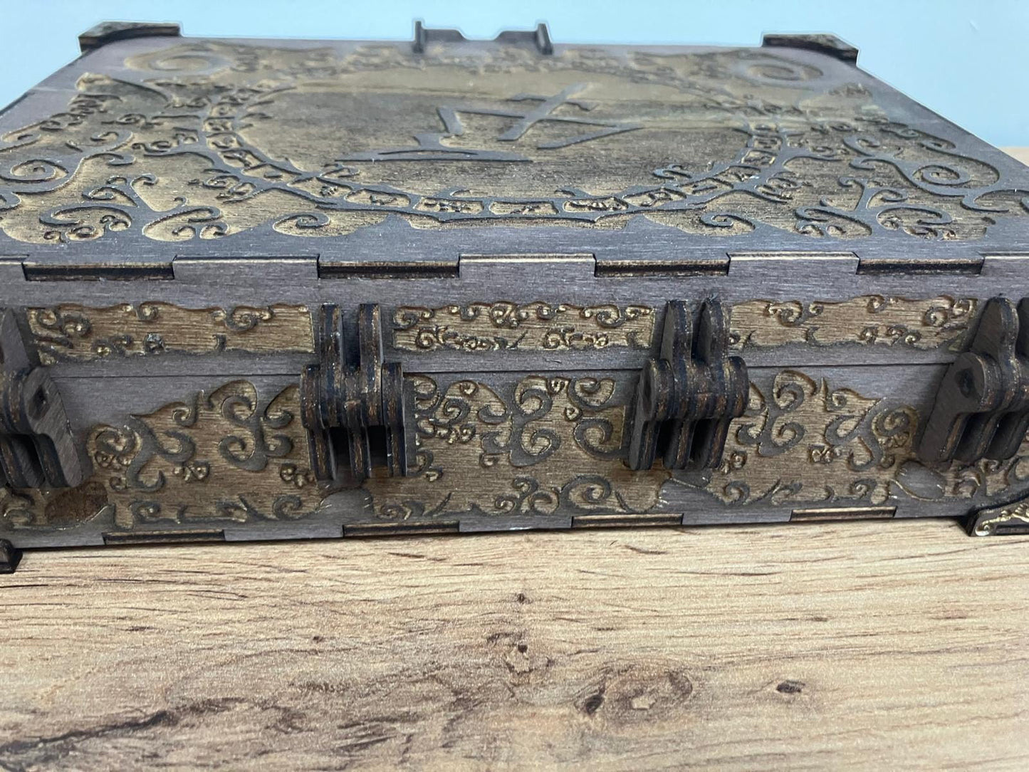 Engraved wooden Box with compartment inserts and integrated hinge and magnetic latch