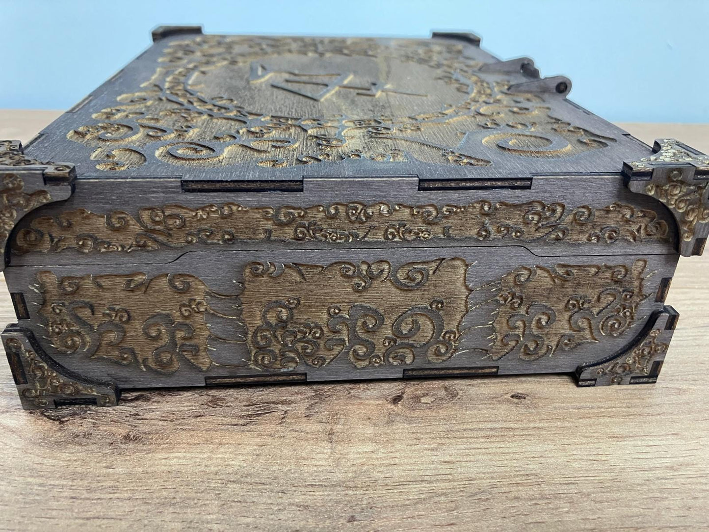 Engraved wooden Box with compartment inserts and integrated hinge and magnetic latch