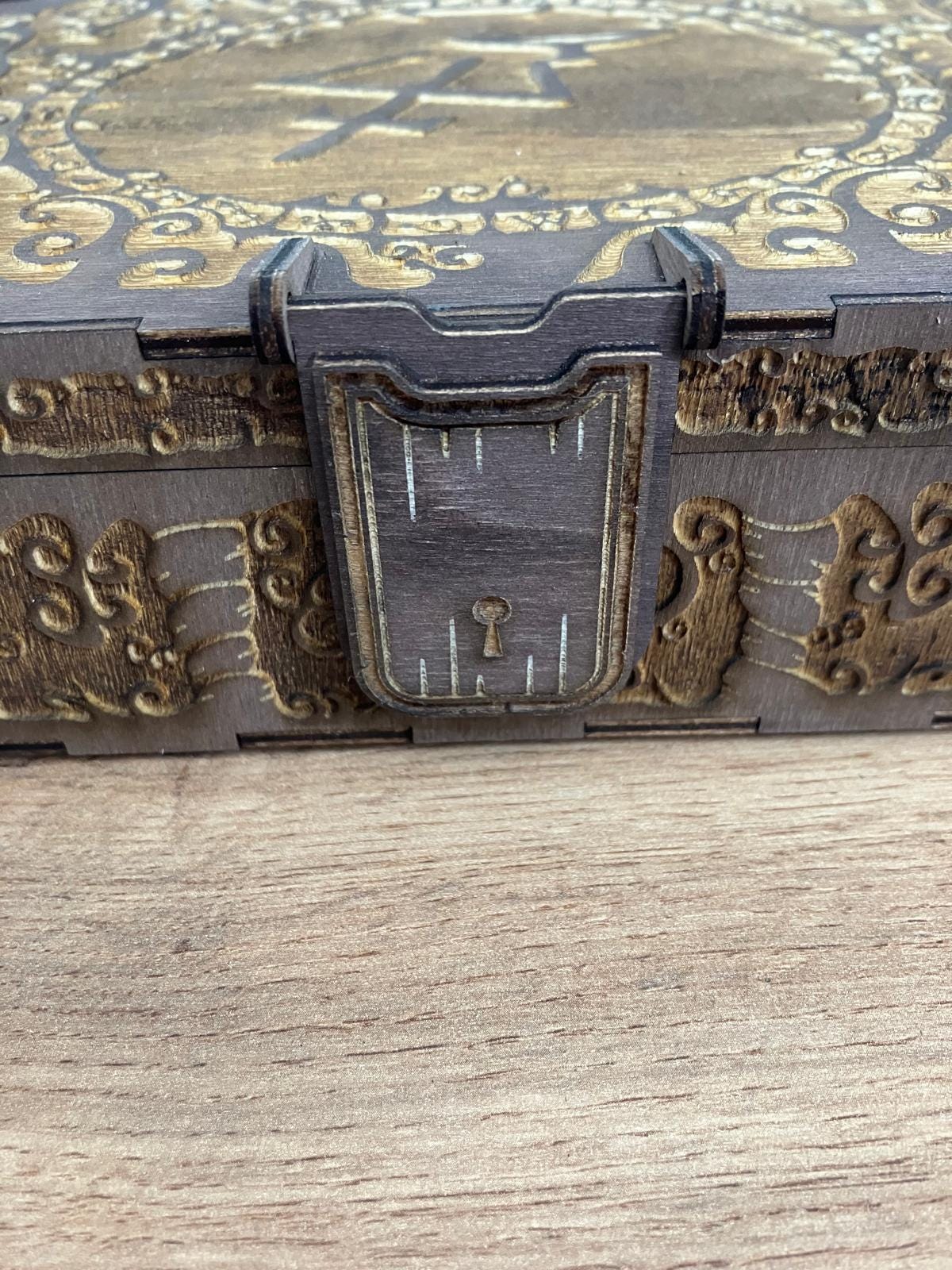 Engraved wooden Box with compartment inserts and integrated hinge and magnetic latch