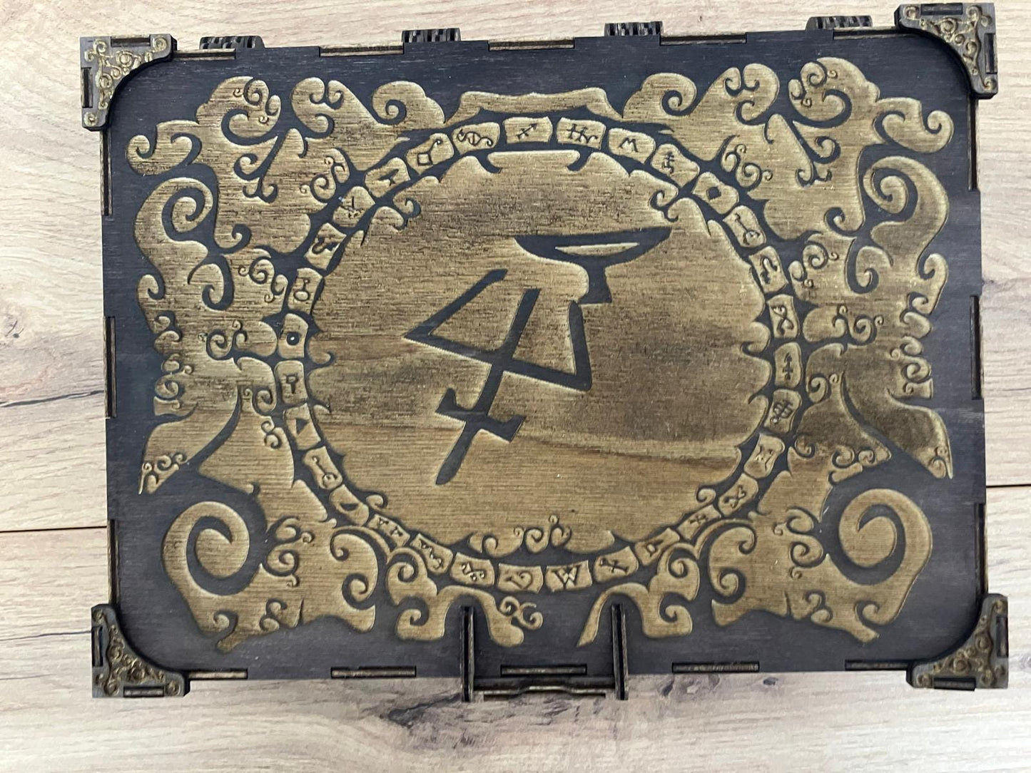 Engraved wooden Box with compartment inserts and integrated hinge and magnetic latch