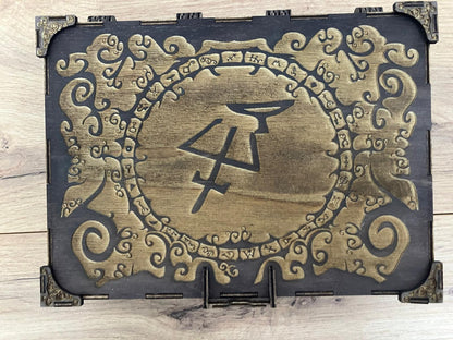 Engraved wooden Box with compartment inserts and integrated hinge and magnetic latch