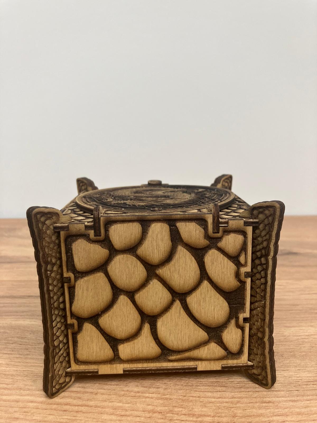 Wooden Dragon Box with integrated hinge and dragon scales engraving
