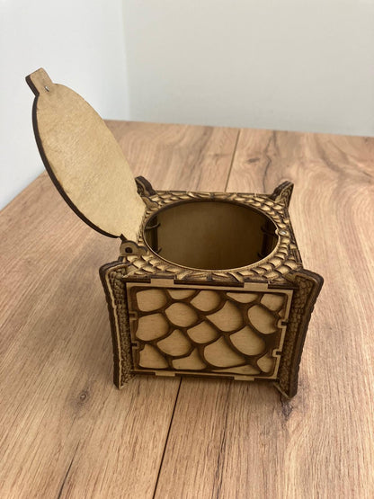 Wooden Dragon Box with integrated hinge and dragon scales engraving