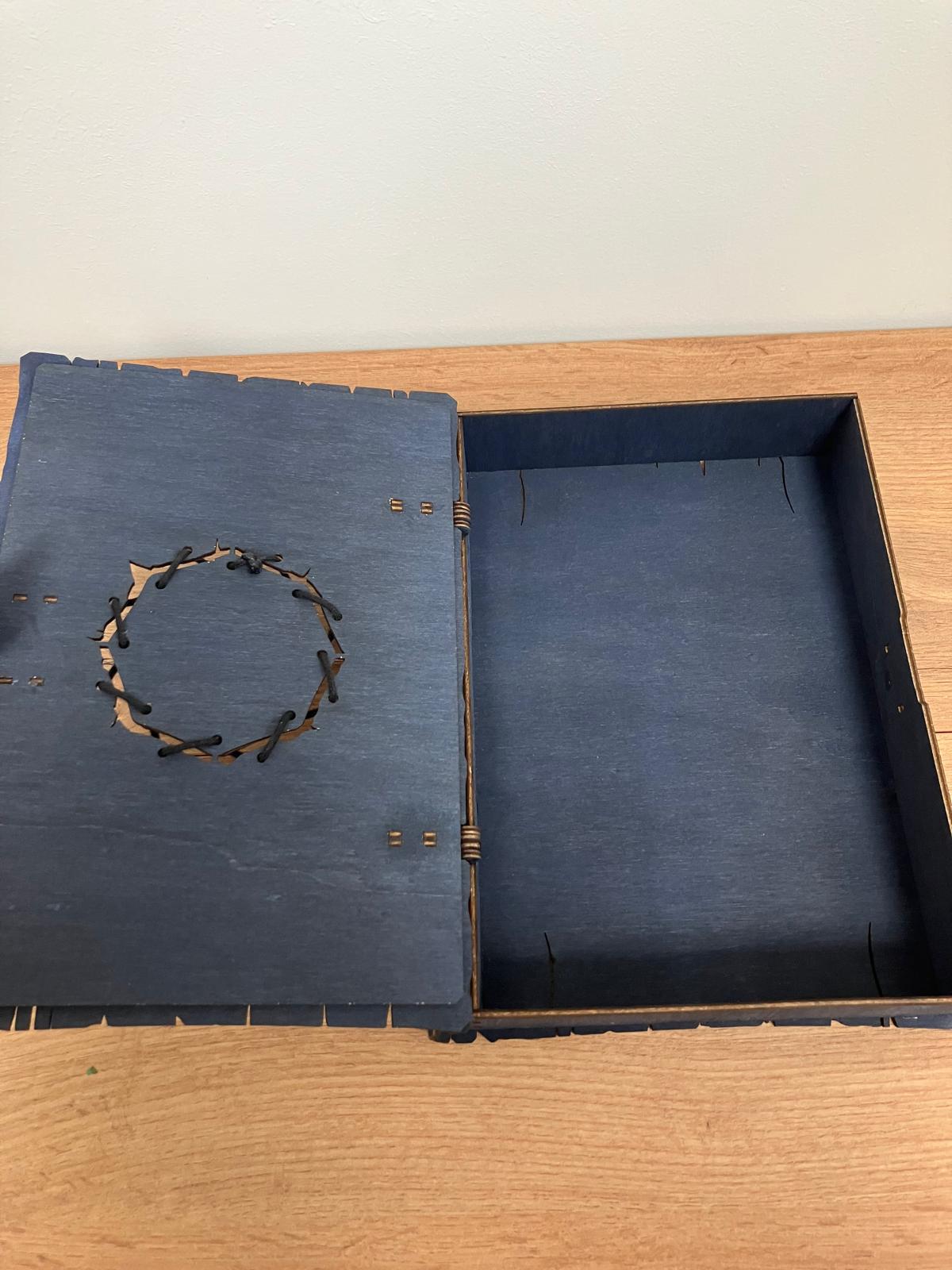 Engraved Wooden Medallion Book Box with integrated hinge and magnetic latch