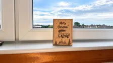 Flying Car Christmas Card - Magical Car & Castle Wooden Engraved Card - Wizard Gift - Keepsake & Envelope