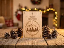 Journey Christmas Card - Silhouette Snowy Mountain Wooden Engraved Card - Adventure Fantasy Gift - Keepsake & Envelope