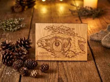 Cosy Cottage Christmas Card - Wooden Engraved Fantasy Home Card - Keepsake & Envelope