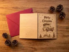 Flying Car Christmas Card - Magical Car & Castle Wooden Engraved Card - Wizard Gift - Keepsake & Envelope