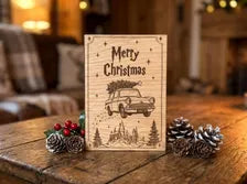 Flying Car Christmas Card - Magical Car & Castle Wooden Engraved Card - Wizard Gift - Keepsake & Envelope