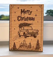Flying Car Christmas Card - Magical Car & Castle Wooden Engraved Card - Wizard Gift - Keepsake & Envelope
