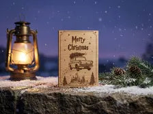 Flying Car Christmas Card - Magical Car & Castle Wooden Engraved Card - Wizard Gift - Keepsake & Envelope