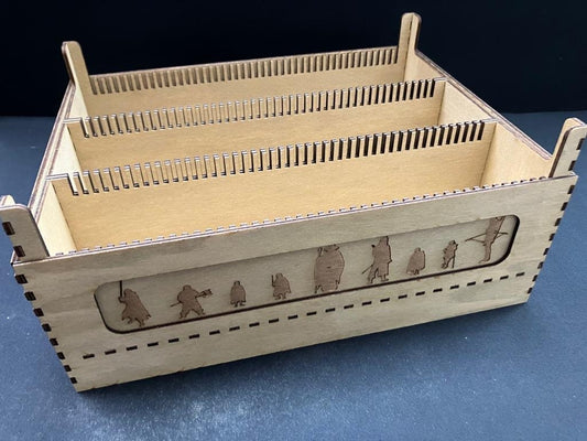 Natural wooden card storage extender with three divided rows, side engraved with a line of fellowship character silhouettes