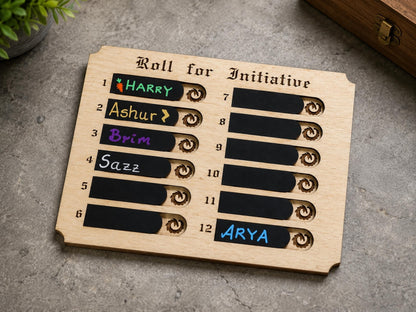 Wooden Roll for Initiative board with twelve numbered black chalkboard sliders, some with player names