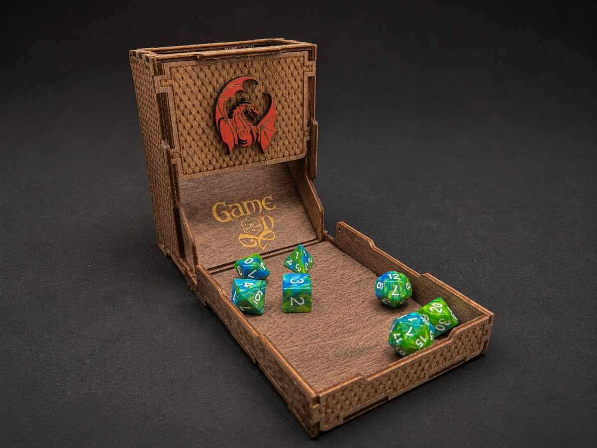 Folding wooden dice tower with a red dragon emblem and dragon scale engraving, green dice in its open tray