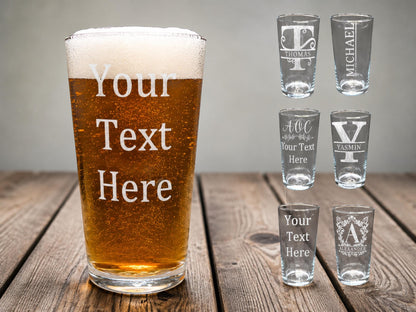 Pint of beer engraved Your Text Here, beside six monogram glass designs with initials and names such as Thomas and Yasmin