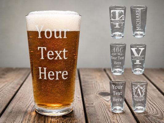 Pint of beer engraved Your Text Here, beside six monogram glass designs with initials and names such as Thomas and Yasmin