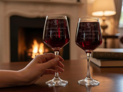 Two wine glasses of red wine engraved with a cameo and a social season quote, by a lit fireplace