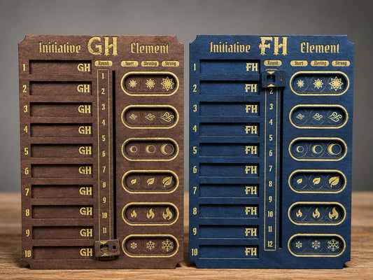 Brown Gloomhaven and blue Frosthaven wooden initiative and element tracker boards with gold engraving and a round slider