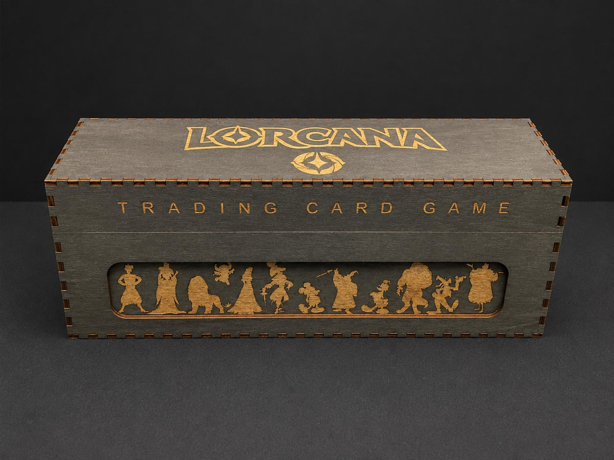 Grey wooden storage box engraved in gold with the Lorcana logo, Trading Card Game and a row of character silhouettes
