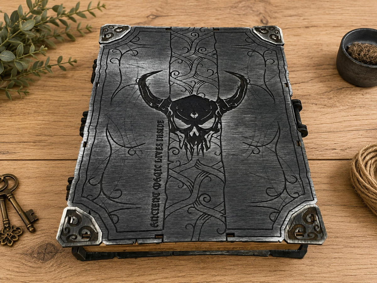 Grey book-shaped wooden box engraved with a horned skull, vines and Ancient Magic Lives Inside, with metal-look corners