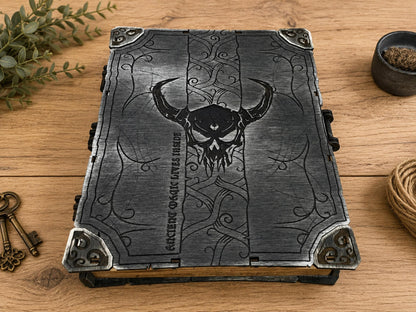 Grey book-shaped wooden box engraved with a horned skull, vines and Ancient Magic Lives Inside, with metal-look corners