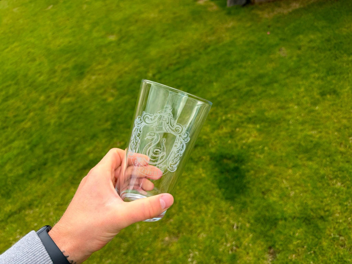 Slytherin Shield Engraved Pint Glass, another view