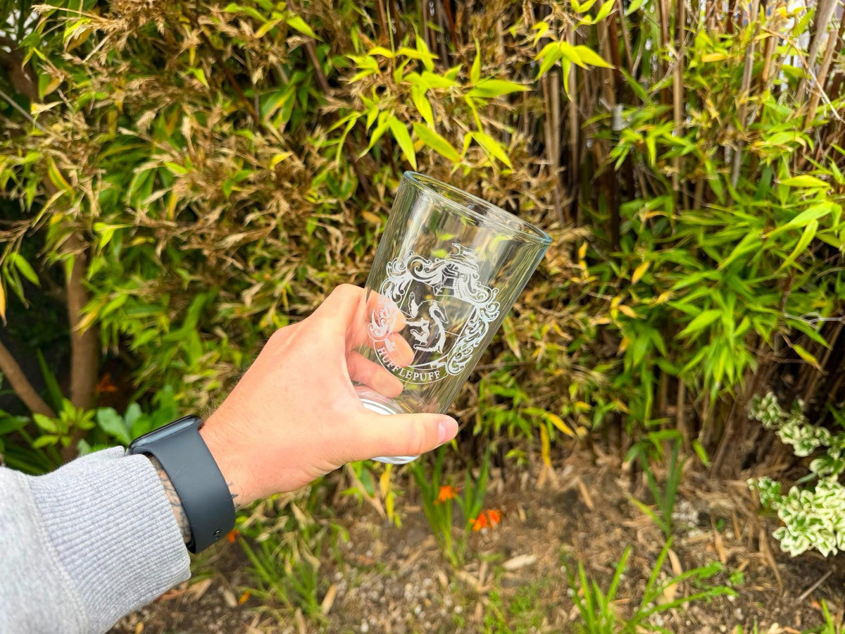 Hufflepuff Shield Engraved Pint Glass, another view