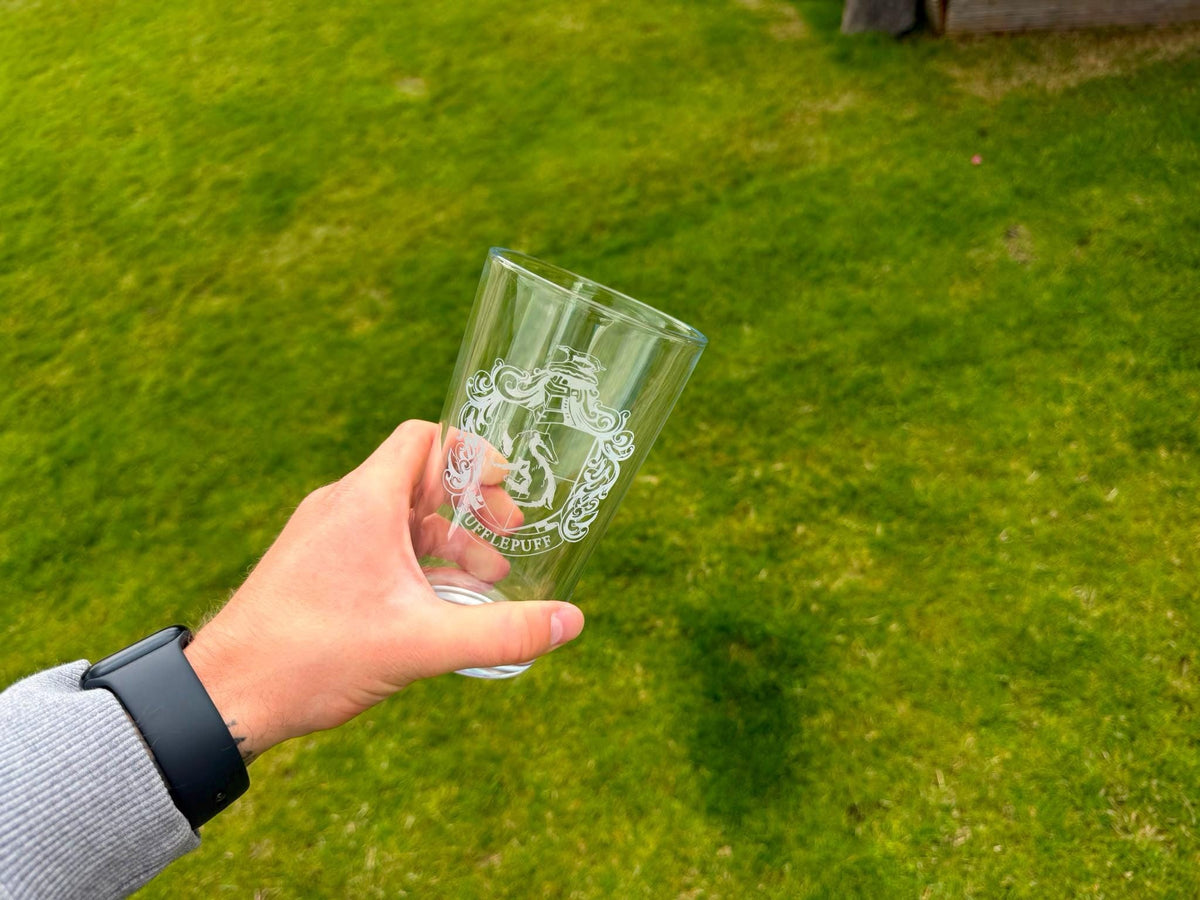 Hufflepuff Shield Engraved Pint Glass, another view
