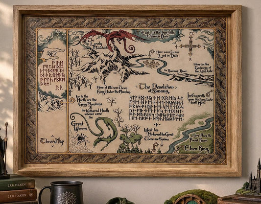 Wood framed parchment Thorin's Map with a red dragon over the Lonely Mountain, runes and decorative border, on a wall