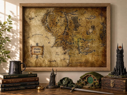 Wood framed parchment map of Middle-earth hung above Tolkien books, a wizard figure and a hobbit-hole model