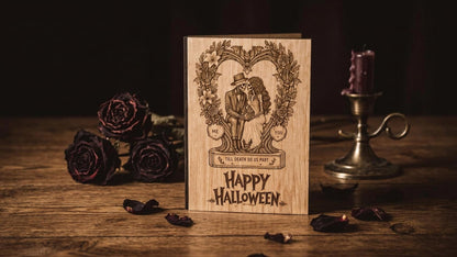Till Death Do Us Part Halloween Card - Skeleton Wreath Wooden Engraved Card - Personalised