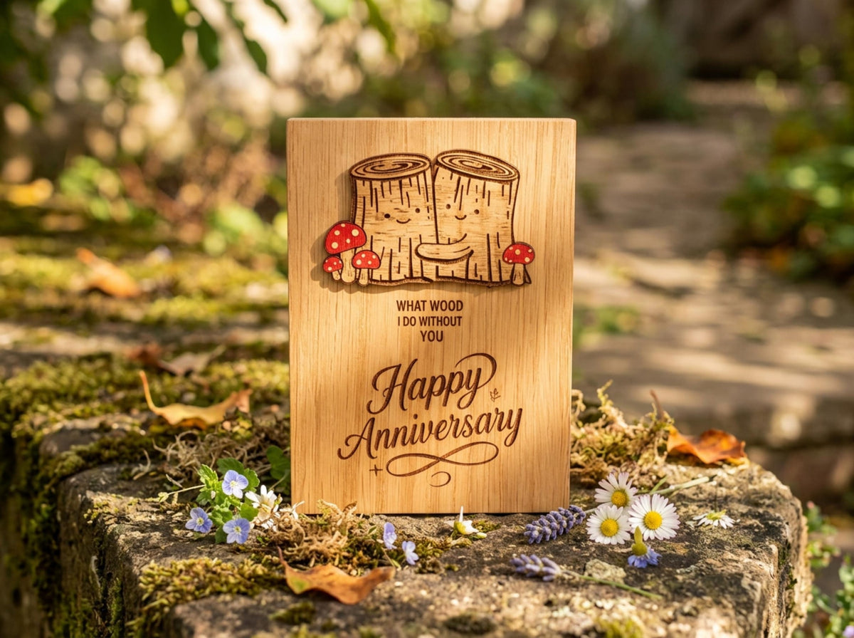 Anniversary Card - What Wood I Do Without You - Tree Anniversary Card - Cute Funny Wooden Engraved Keepsake & Envelope