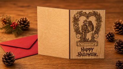 Till Death Do Us Part Halloween Card - Skeleton Wreath Wooden Engraved Card - Personalised