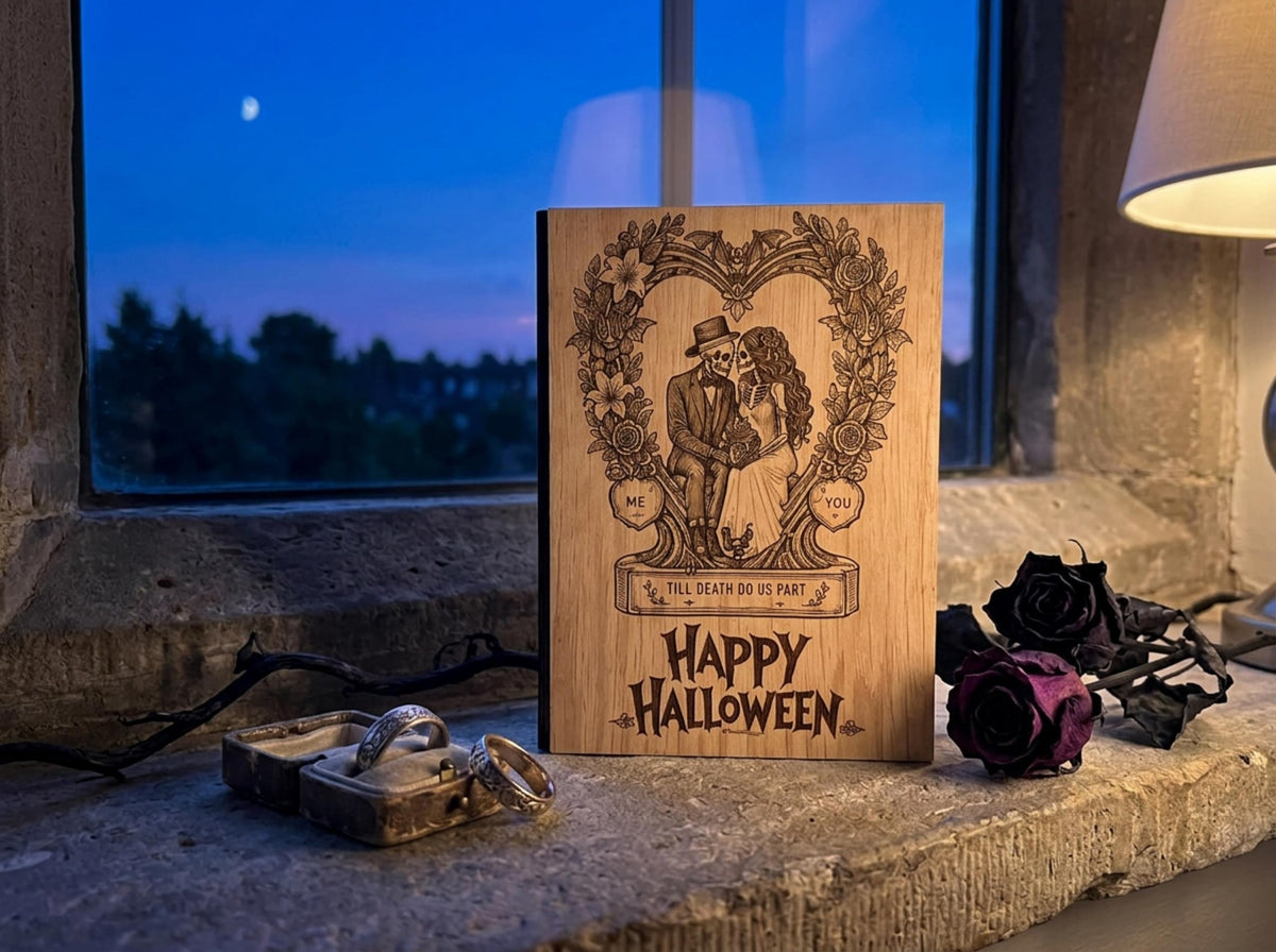 Till Death Do Us Part Halloween Card - Skeleton Wreath Wooden Engraved Card - Personalised