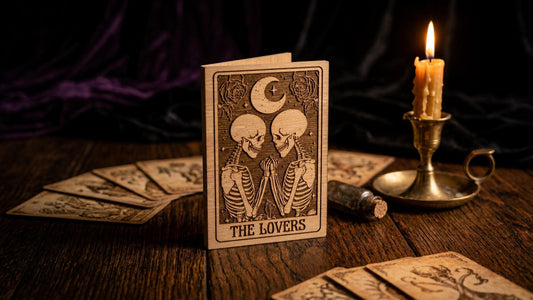 Skeleton Lovers Halloween Card - Tarot Design Wooden Engraved Card - Personalised