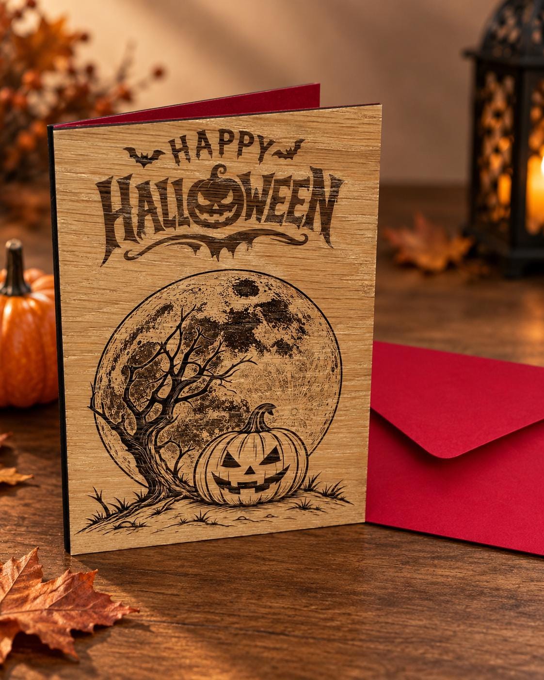 Pumpkin Moon Halloween Card - Wooden Engraved Card - Personalised