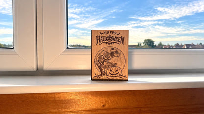 Pumpkin Moon Halloween Card - Wooden Engraved Card - Personalised