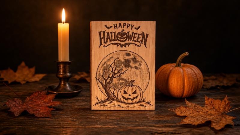 Pumpkin Moon Halloween Card - Wooden Engraved Card - Personalised