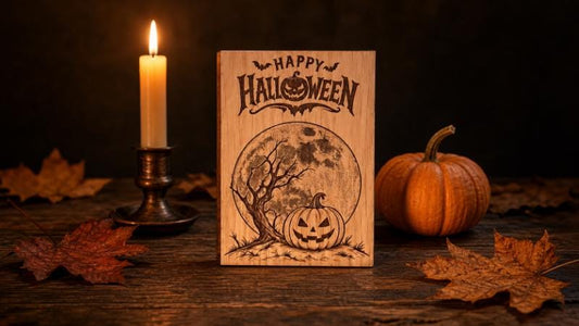 Pumpkin Moon Halloween Card - Wooden Engraved Card - Personalised