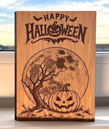 Pumpkin Moon Halloween Card - Wooden Engraved Card - Personalised