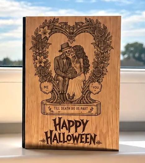 Till Death Do Us Part Halloween Card - Skeleton Wreath Wooden Engraved Card - Personalised