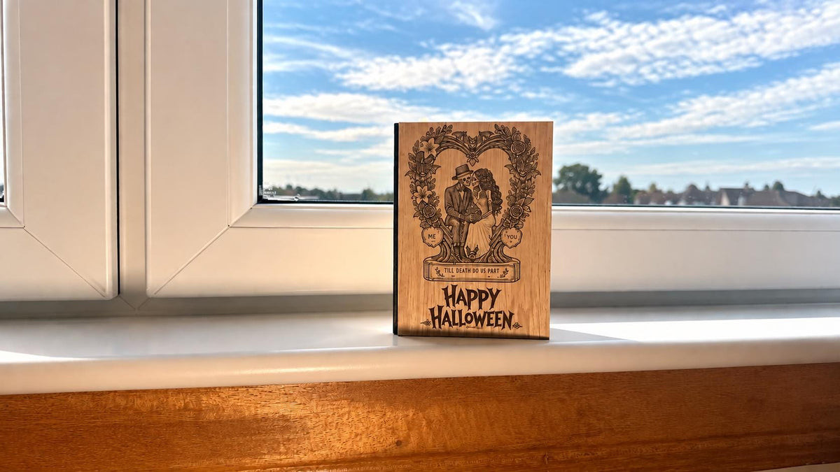 Till Death Do Us Part Halloween Card - Skeleton Wreath Wooden Engraved Card - Personalised