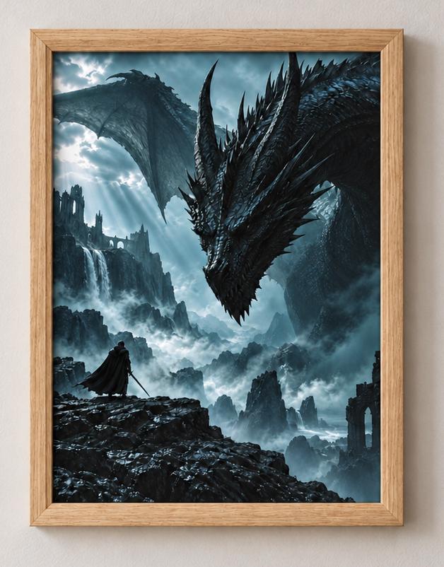 Hero & Dragon Framed Print - Fantasy Wall Art A3